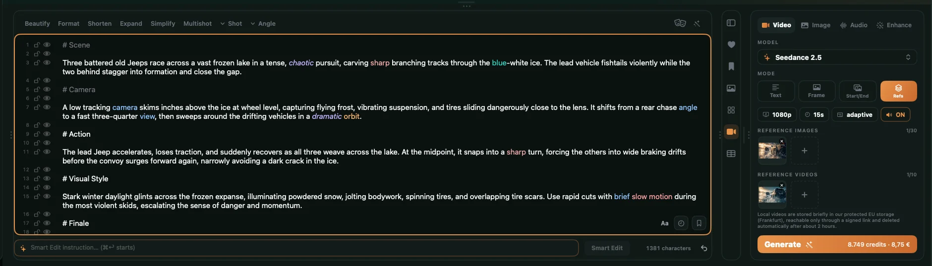 CRAFTR prompt composer with structured scene, camera, action and visual style controls