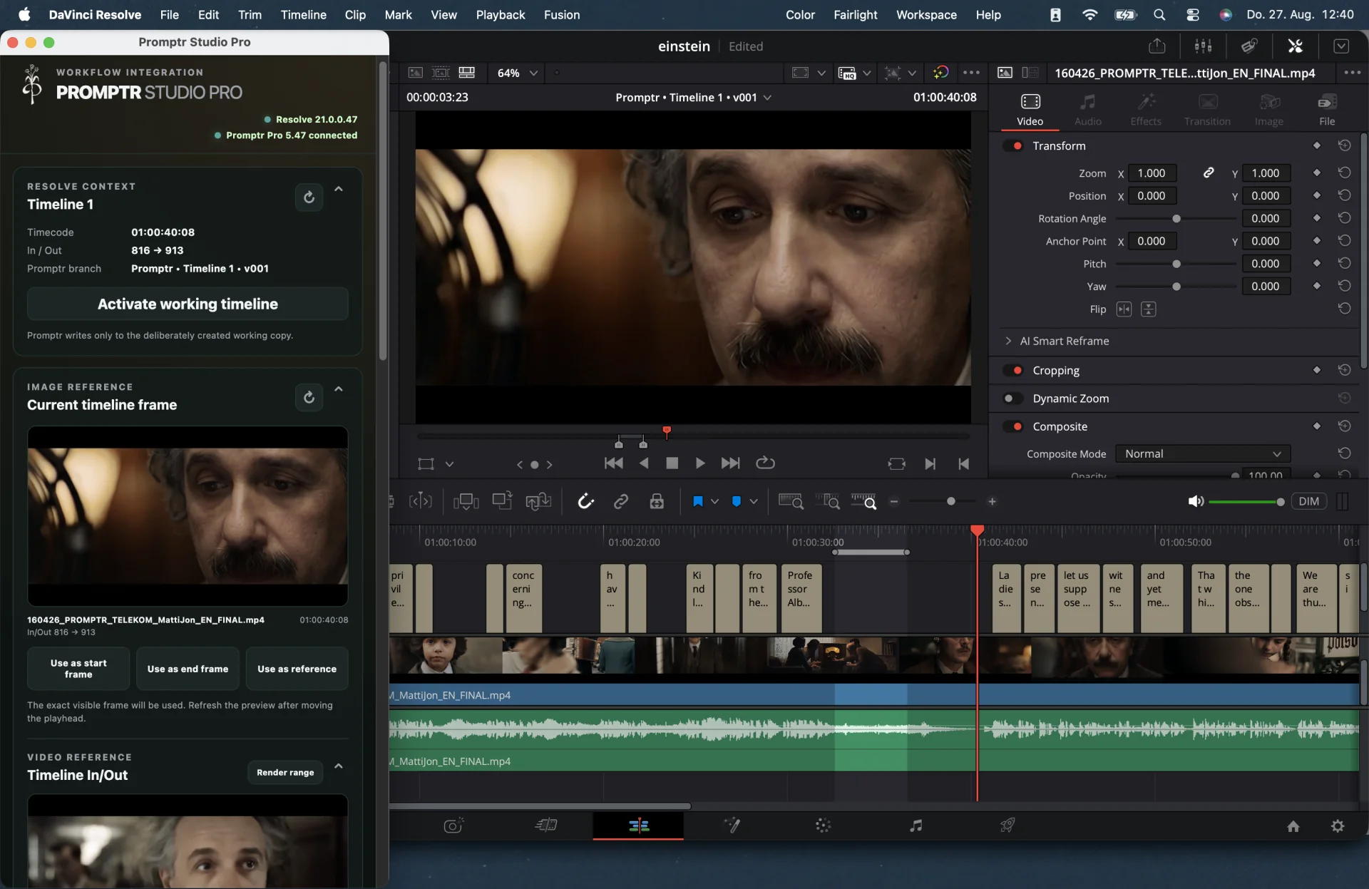 Promptr Studio Pro plugin connected directly to a DaVinci Resolve timeline