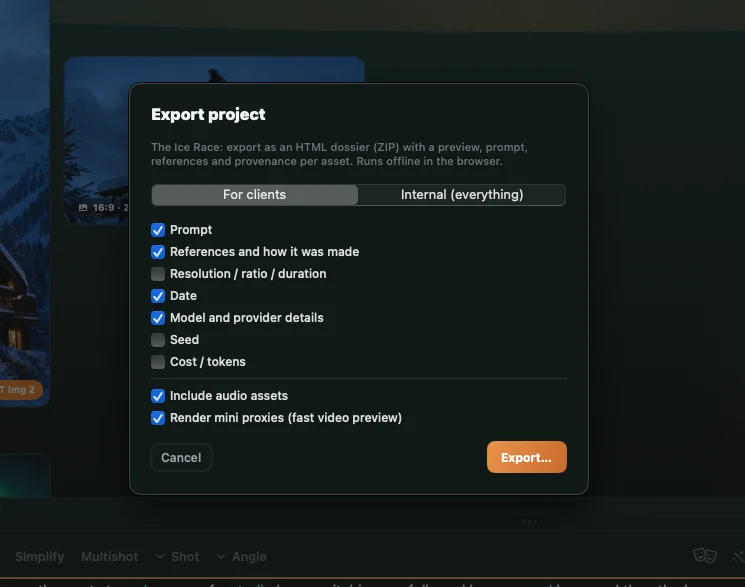 Promptr Studio Pro project export with client dossier options for prompts, references, model details and asset provenance